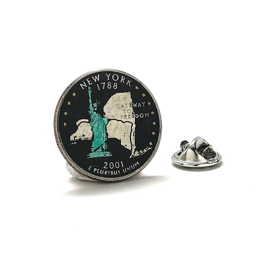 Enamel Pin Hand Painted York State Quarter Enamel Coin Collector Lapel Pin Tie Tack Green Statue of Liberty Travel Image 1