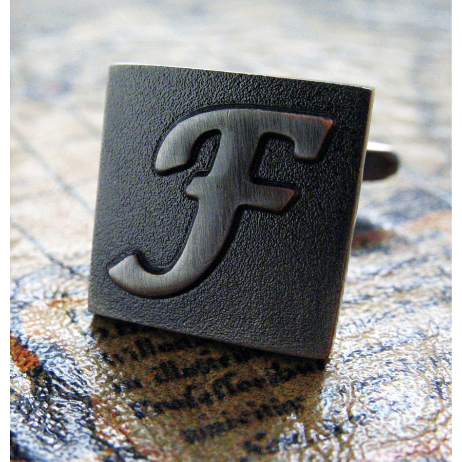 F Initial Cufflinks Gunmetal Square 3-D Letter English Lettering Personalized Cuff Links Groom Father Bride Wedding Box Image 1