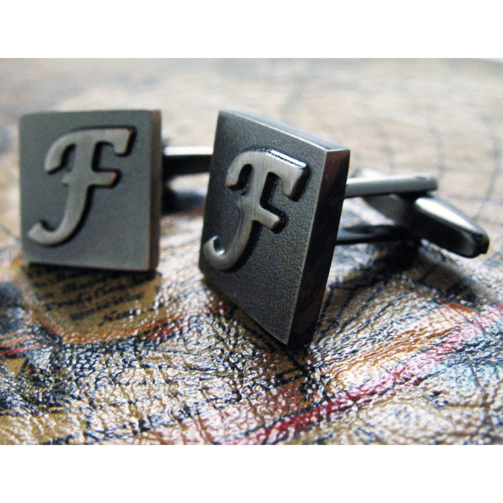 F Initial Cufflinks Gunmetal Square 3-D Letter English Lettering Personalized Cuff Links Groom Father Bride Wedding Box Image 2