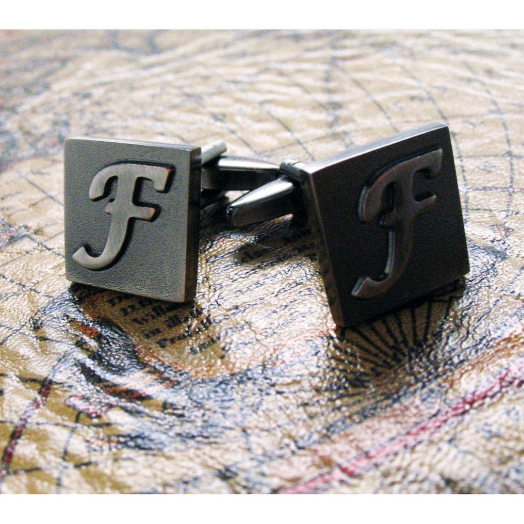 F Initial Cufflinks Gunmetal Square 3-D Letter English Lettering Personalized Cuff Links Groom Father Bride Wedding Box Image 3