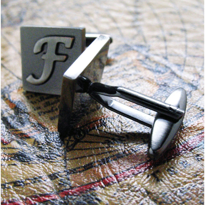 F Initial Cufflinks Gunmetal Square 3-D Letter English Lettering Personalized Cuff Links Groom Father Bride Wedding Box Image 4