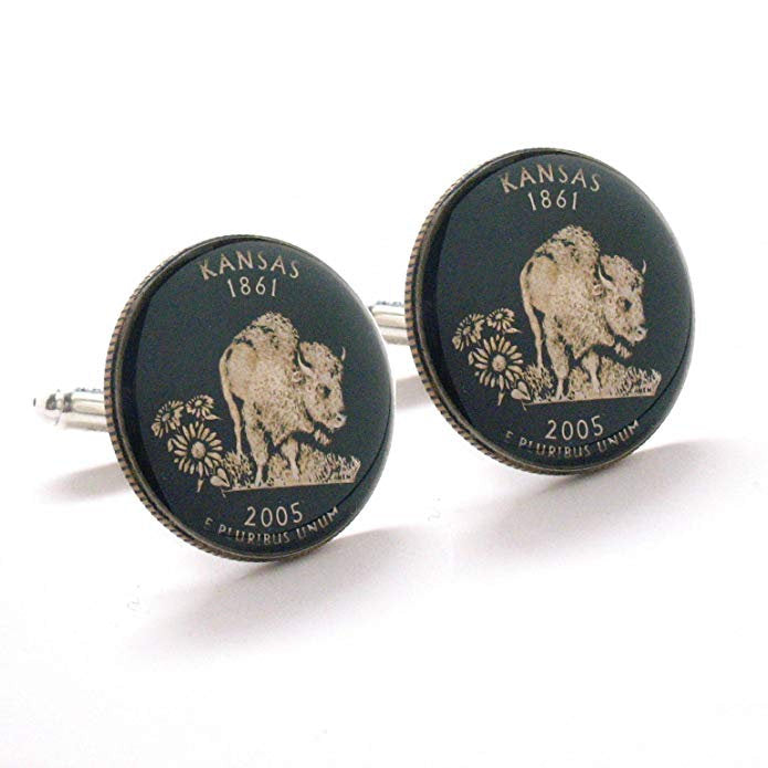 Enamel Cufflinks Kansas Quarter Suit Flag State Enamel Coin Jewelry USA US United States America Buffalo Topeka Wichita Image 1