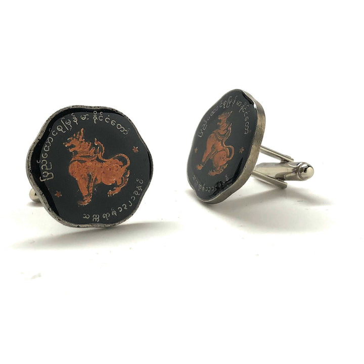 Enamel Cufflinks Burma Hand Painted Enamel Coin Jewelry 25 Pyas Asia Asian Republic of the Union of Myanmar Lion Animal Image 2