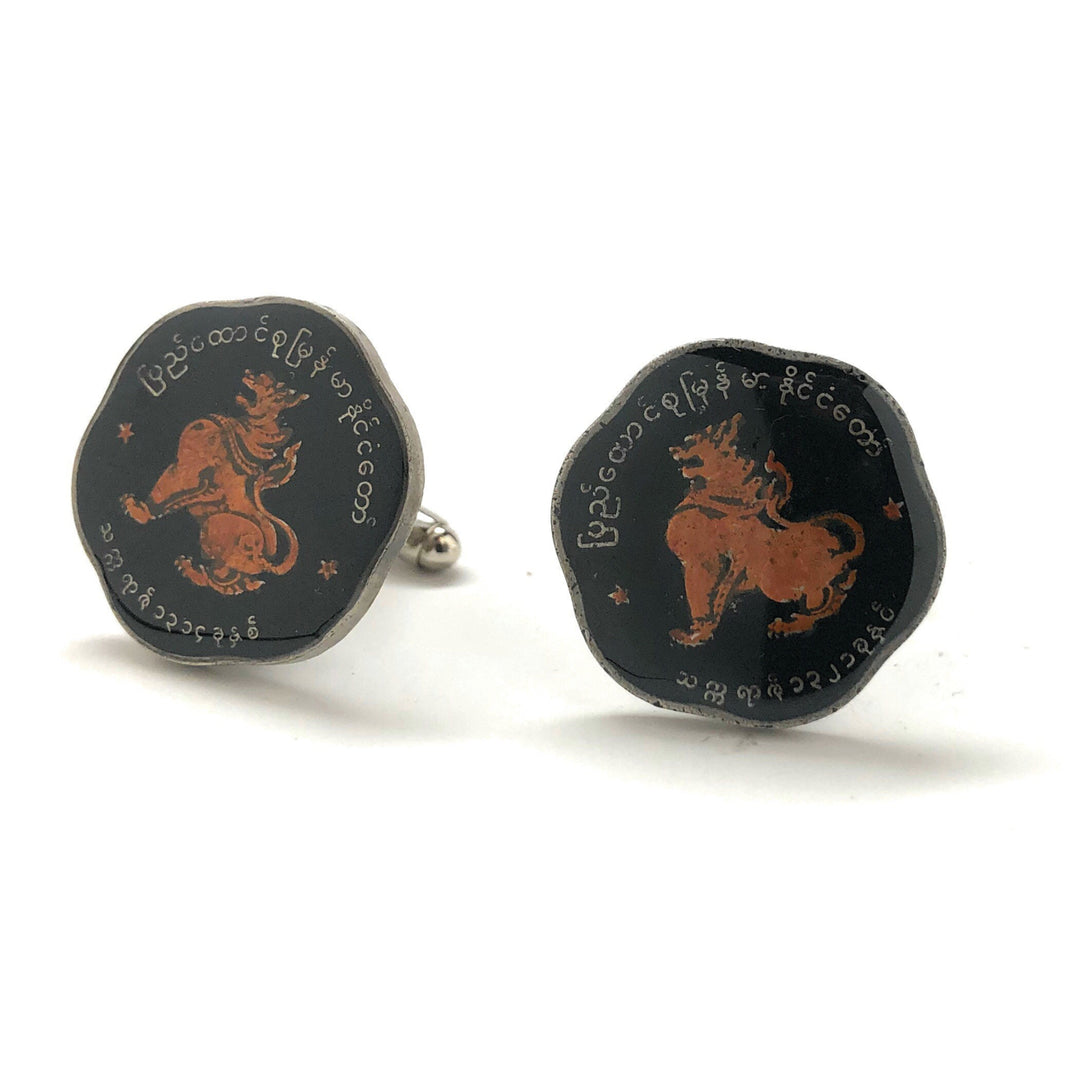 Enamel Cufflinks Burma Hand Painted Enamel Coin Jewelry 25 Pyas Asia Asian Republic of the Union of Myanmar Lion Animal Image 4