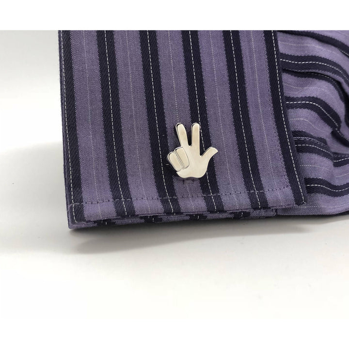 Hand Gesture Cufflinks Silver Tone Lucky 3 Three Sign language Comes with Gift Box White Elephant Gifts Image 4