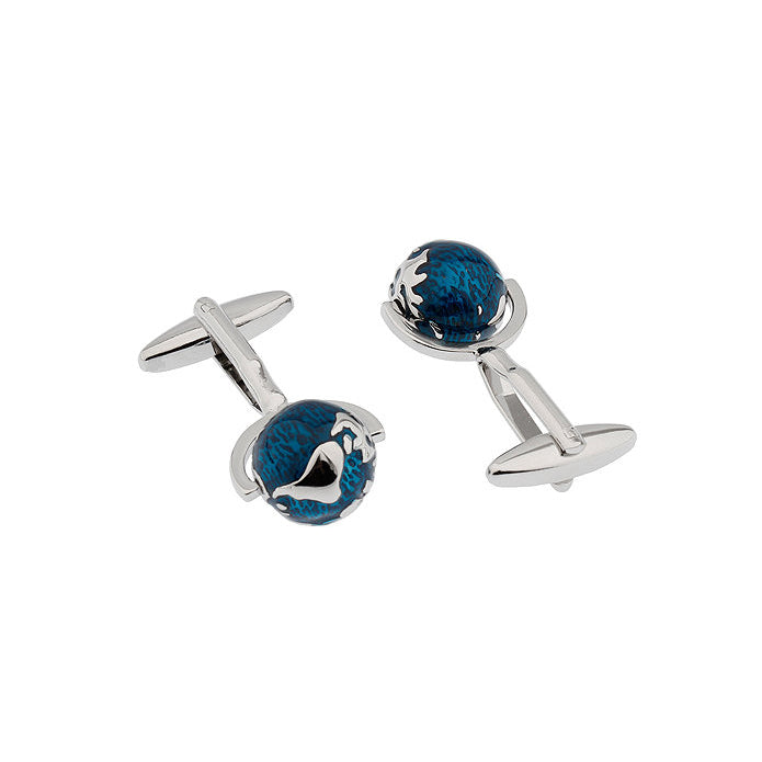 Spinning Globe Cufflinks Aqua Marine Blue Around the World Sailing Traveler Cuff Links Image 2