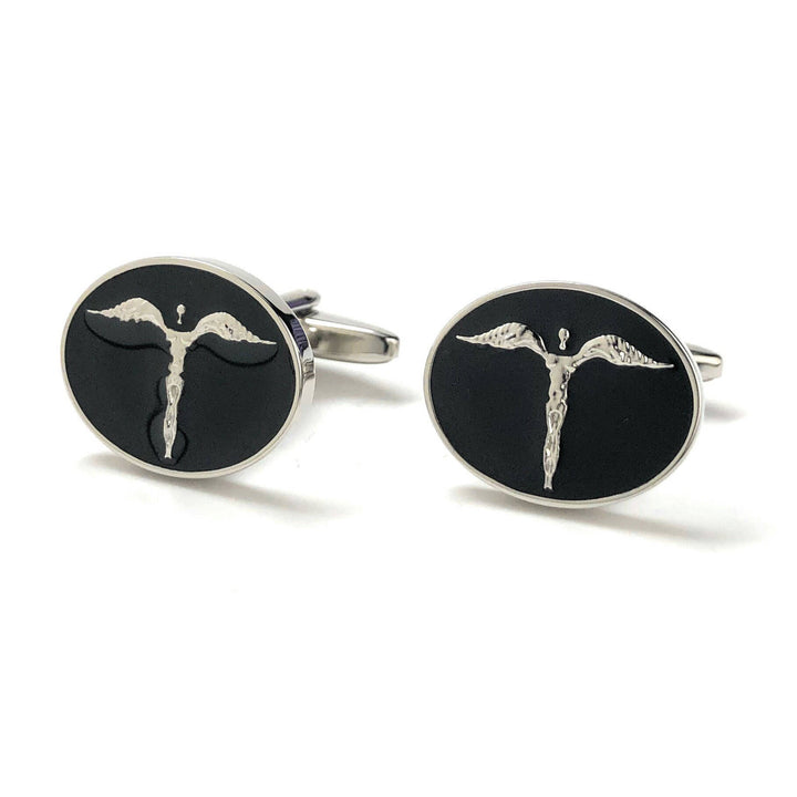 Angel Cufflinks Classic Silver Round Black Enamel Cuff Links Comes with Gift Box Image 4