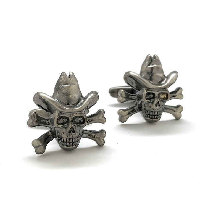 One Eye Duke Cufflinks Desperado Cowhand Gunmetal Cowboy Outlaw Skull and Crossbones Cuff Links Comes with Box White Image 1