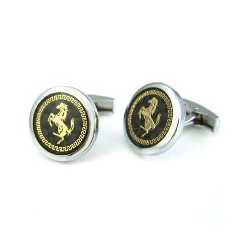 Stallion Cufflinks Round Carbon Fiber Background Gold Toned Horse Cufflinks Image 2