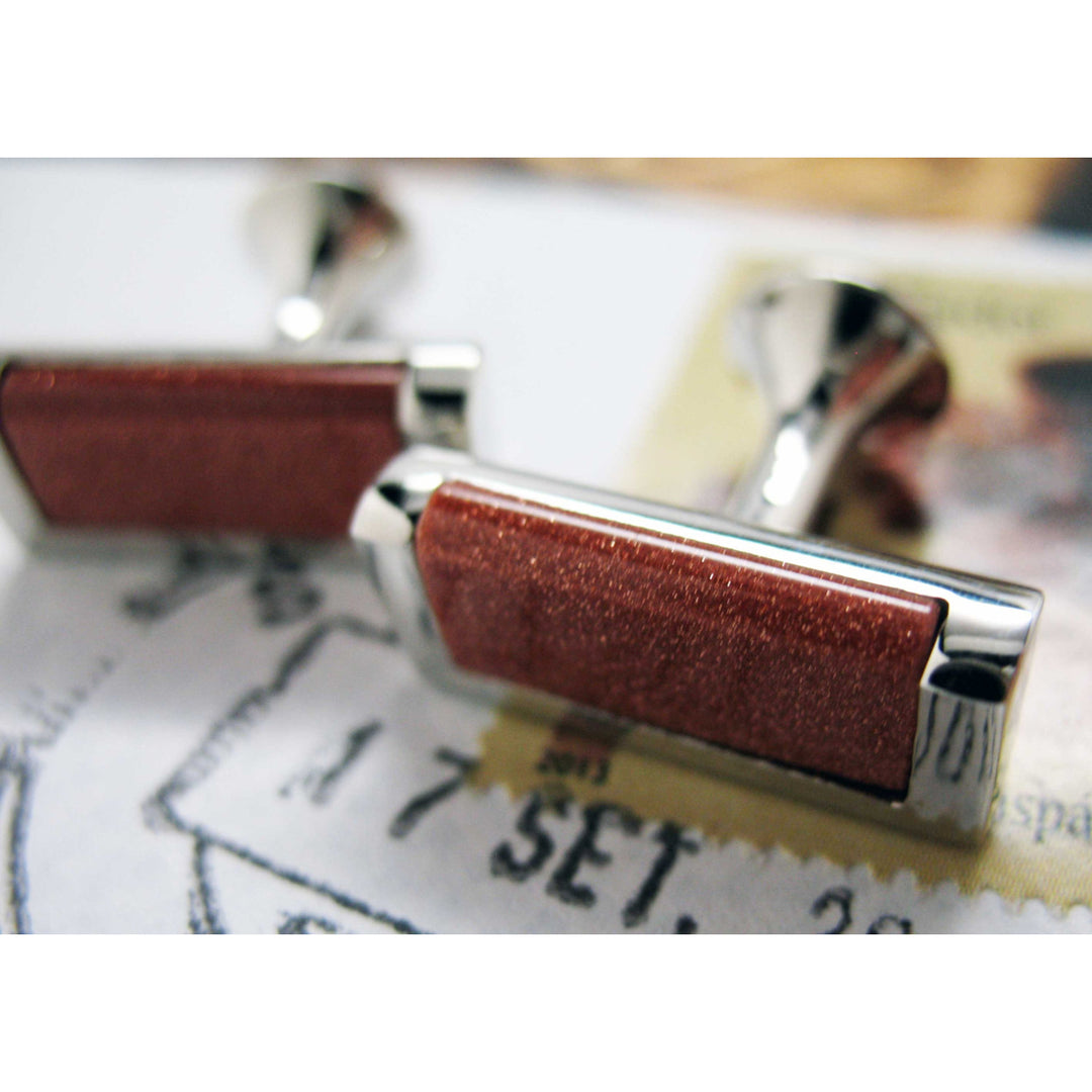 Sand Stone Cufflinks Rich Copper Stone Silver Tone Cuff Links Image 1