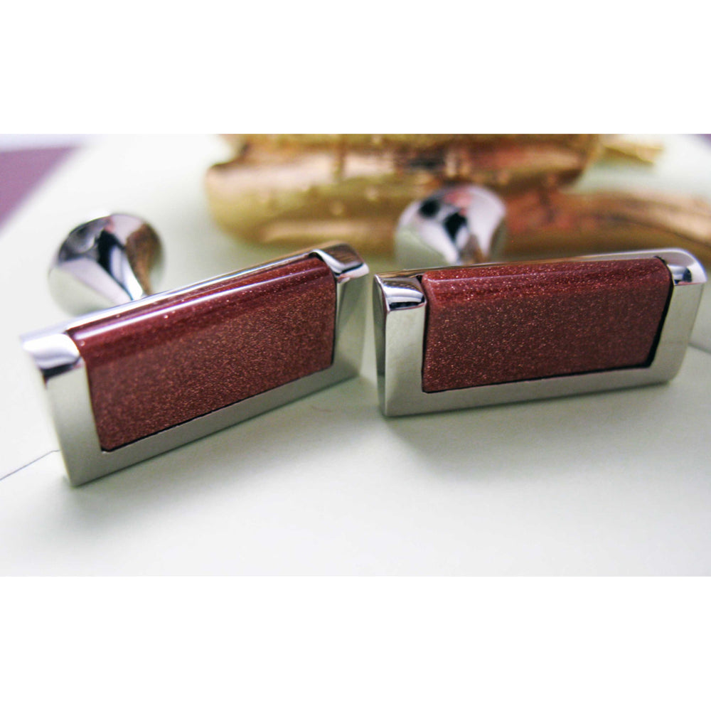 Sand Stone Cufflinks Rich Copper Stone Silver Tone Cuff Links Image 2