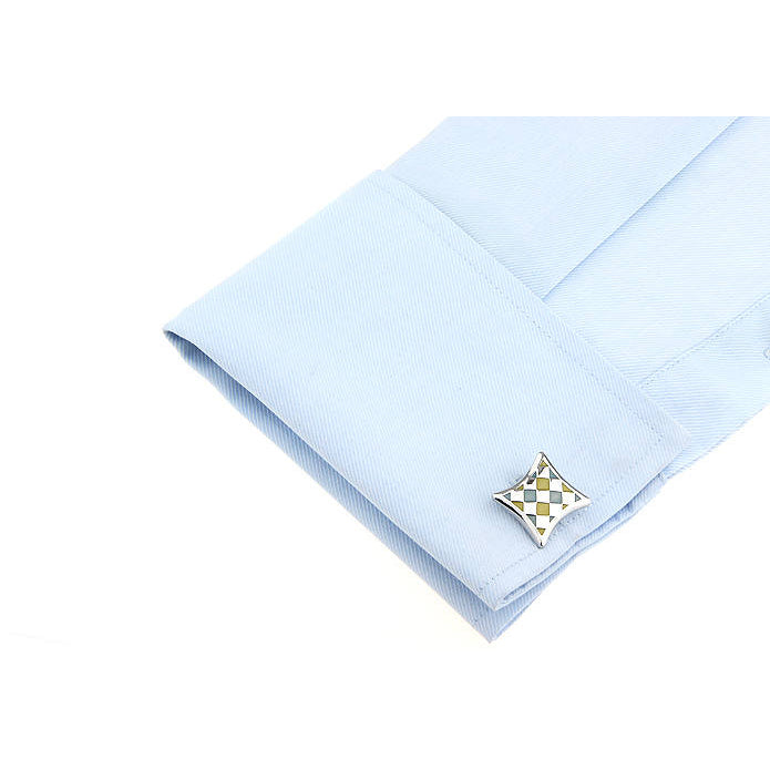 Checkered Cufflinks Yellow and Light Blue Enamel Silver Weave Diamond Shape Straight Post Cufflinks Cuff Links Image 4