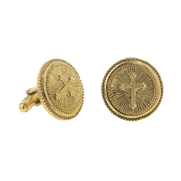 Gold Cross Round Cuff Links Etched Religious Collection Faith Cufflinks Image 1