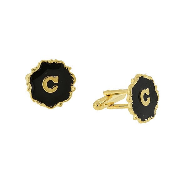 Letter C Cufflinks Gold Tone Scrolled Edged Black Enamel Initial "C" Cuff Links Groom Father Bride Wedding Anniversary Image 1