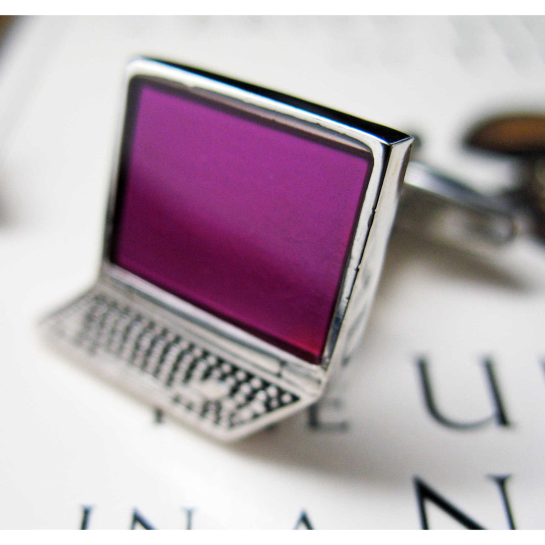 Computer Cufflinks Fun Office Supplies Silver Toned Puprle Education Computers Cuff Links White Elephant Gifts Image 1