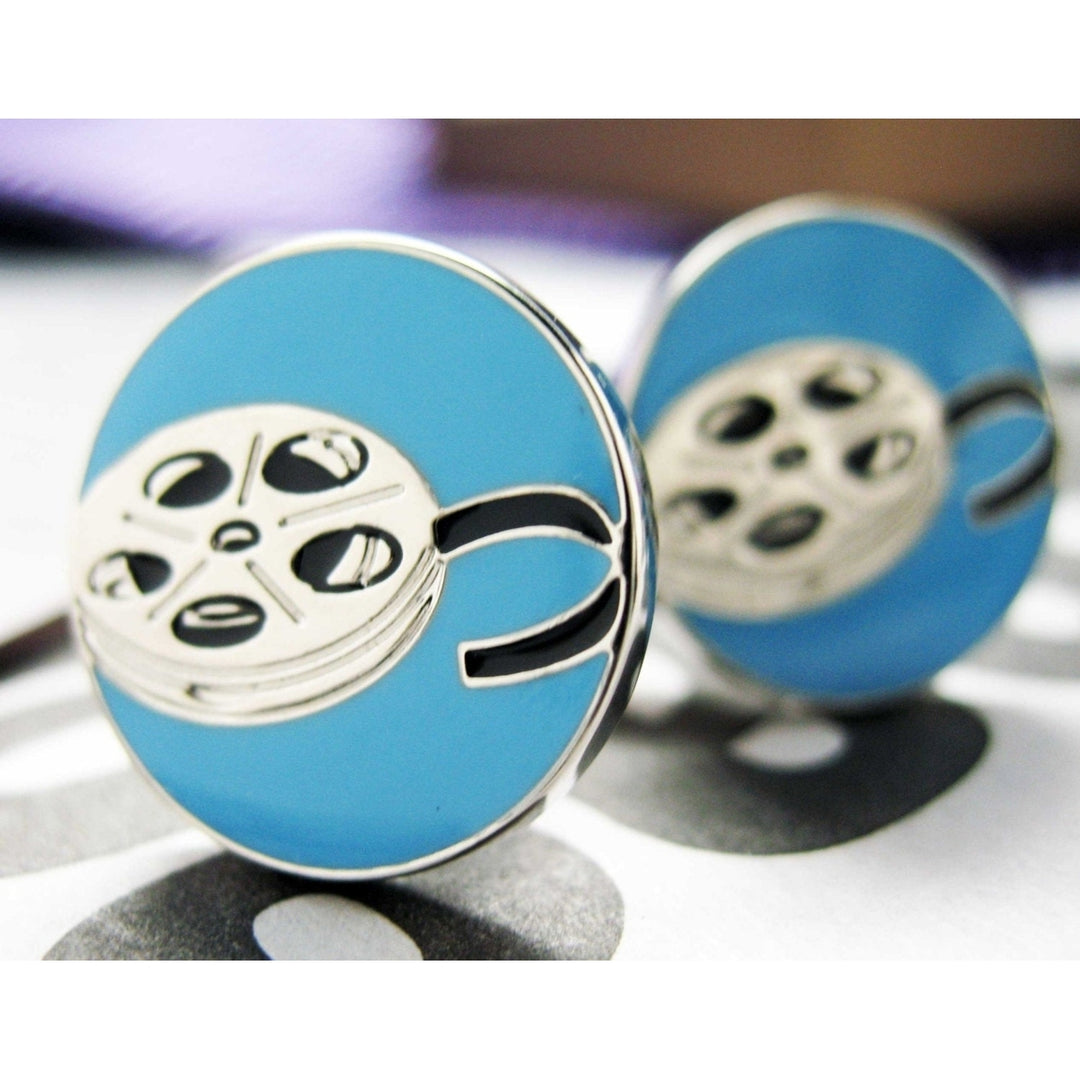 Film Reel Cufflinks Silver and Blue Enamel Movie Buff Hollywood Cuff Links Movie Star Cuff Links Gifts for Dad Husband Image 1