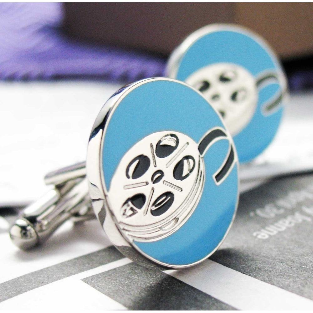 Film Reel Cufflinks Silver and Blue Enamel Movie Buff Hollywood Cuff Links Movie Star Cuff Links Gifts for Dad Husband Image 2