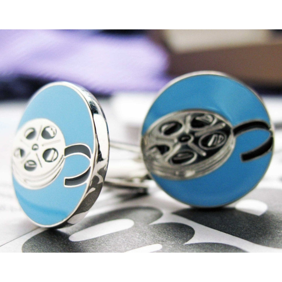 Film Reel Cufflinks Silver and Blue Enamel Movie Buff Hollywood Cuff Links Movie Star Cuff Links Gifts for Dad Husband Image 3