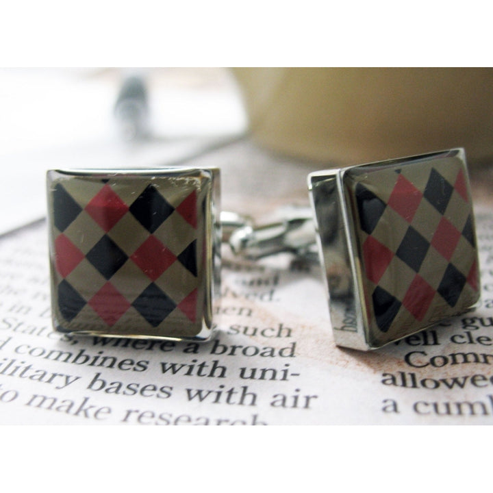 Argyle Design Red and Black Enamel Square Checker Board Cuff Links Image 3