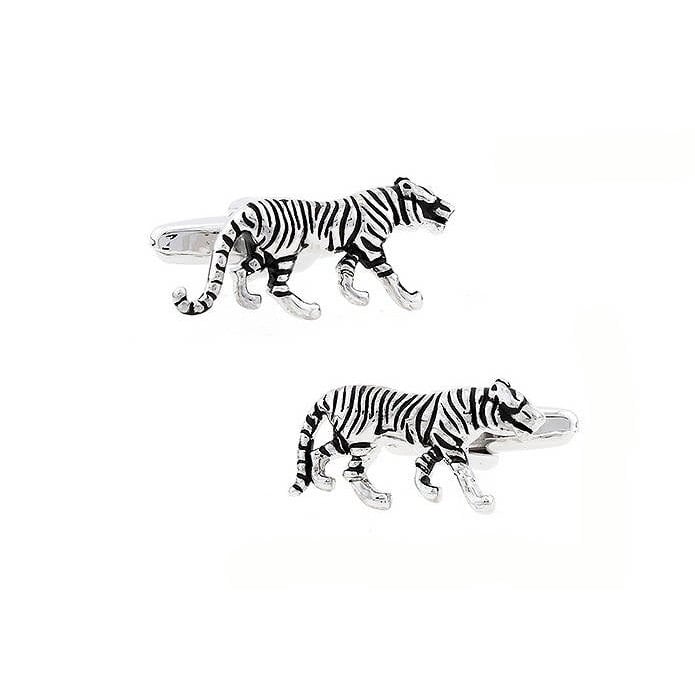 3-D Silver Tone Tiger Cufflinks Animal Cuff Links With Black Enamel Bullet Cat Species Predators Back Comes in Gift Box Image 1