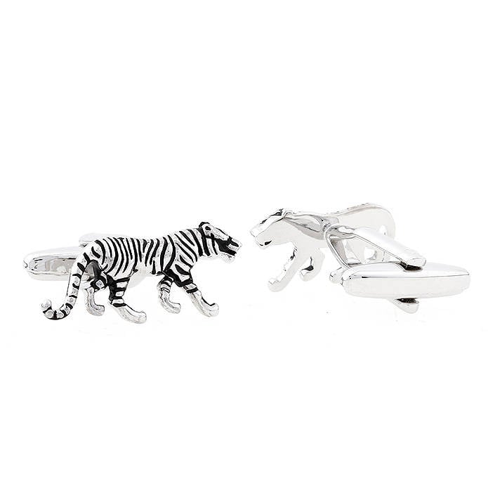 3-D Silver Tone Tiger Cufflinks Animal Cuff Links With Black Enamel Bullet Cat Species Predators Back Comes in Gift Box Image 2