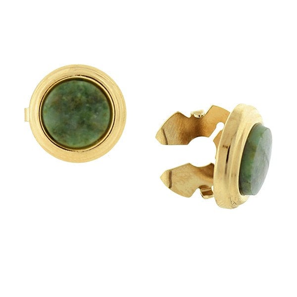 Faux Cufflinks Gold Tone Framed Jade Green Stone Round Button Covers Image 1