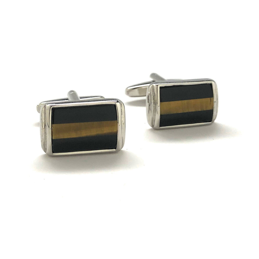 Mens Cufflinks Black Agate Tiger Eye Stripe Designer Cut Silver Cuff Links Comes with Gift Box Image 1