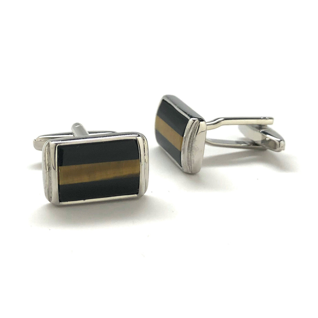 Mens Cufflinks Black Agate Tiger Eye Stripe Designer Cut Silver Cuff Links Comes with Gift Box Image 2