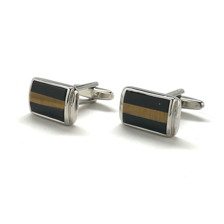 Mens Cufflinks Black Agate Tiger Eye Stripe Designer Cut Silver Cuff Links Comes with Gift Box Image 3