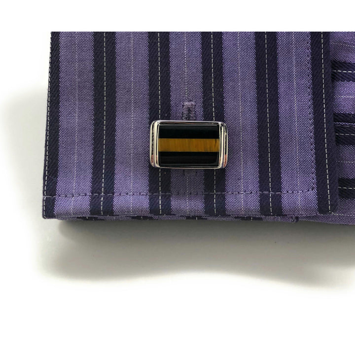 Mens Cufflinks Black Agate Tiger Eye Stripe Designer Cut Silver Cuff Links Comes with Gift Box Image 4