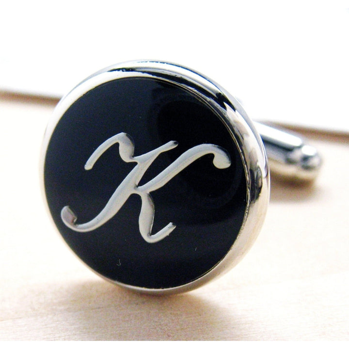 K Cufflinks Initials Silver Toned Round Black Enamel Script Letters Vintage Cuff Links Groom Father Bride Wedding Image 2