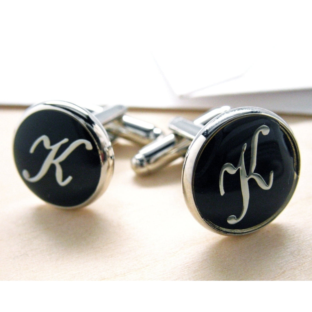 K Cufflinks Initials Silver Toned Round Black Enamel Script Letters Vintage Cuff Links Groom Father Bride Wedding Image 3