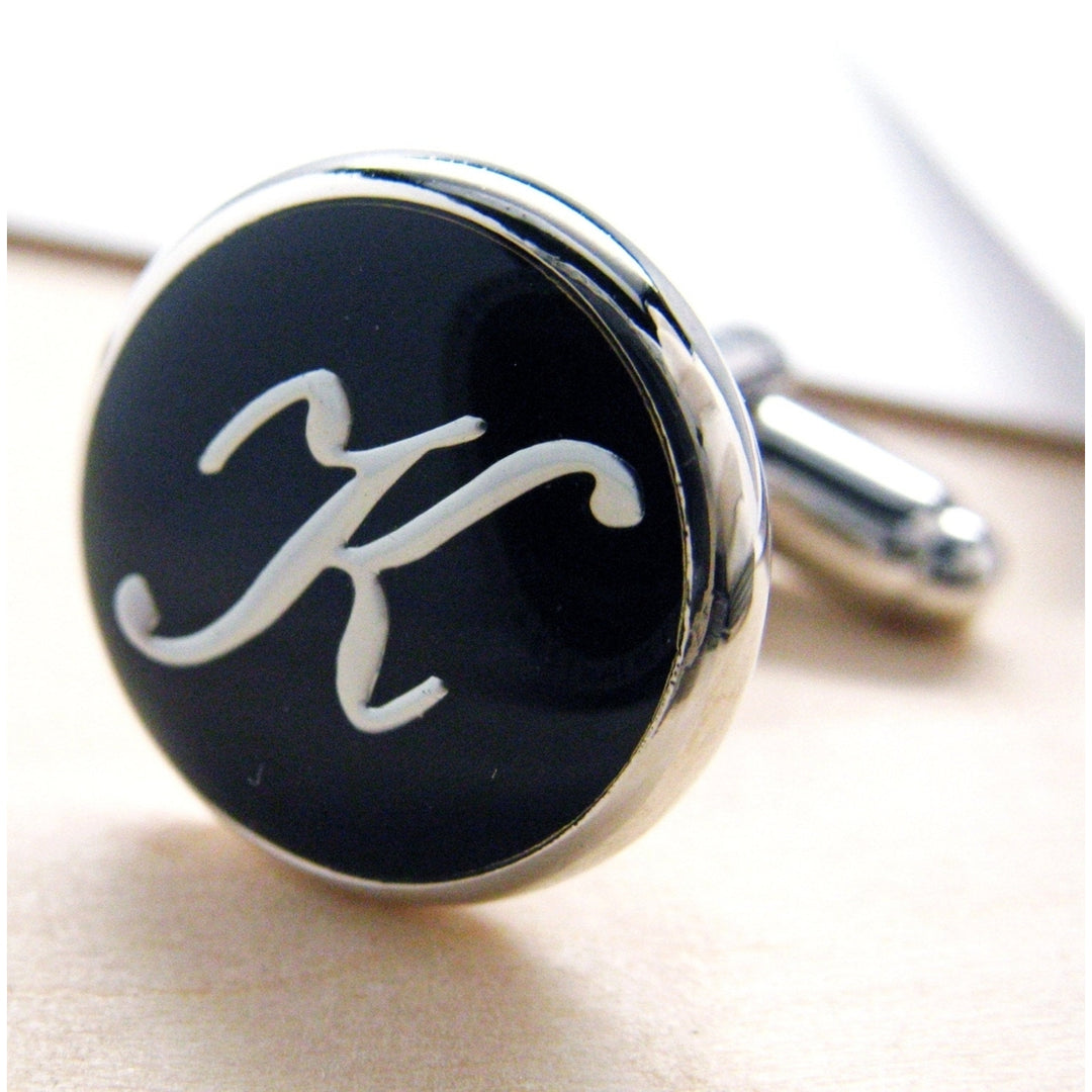 K Cufflinks Initials Silver Toned Round Black Enamel Script Letters Vintage Cuff Links Groom Father Bride Wedding Image 4