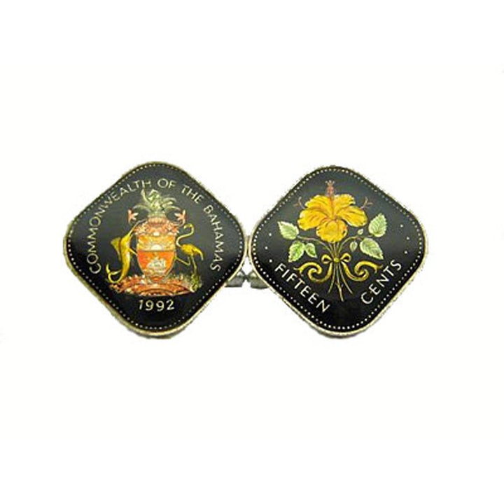 Enamel Cufflinks Bahamas Cufflinks Crest Hand Painted Coins Ocean Flowers Cuff Links Black Enamelled Coin Cufflinks Image 1