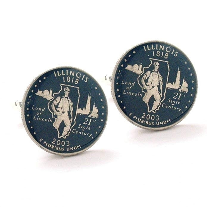 Birth Year Enamel Cufflinks Illinois Quarter Suit Flag State Enamel Coin Jewelry USA US United States Springfield Image 1