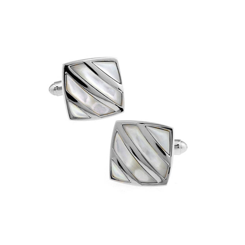 Silver Repp Stripe Cufflinks Mother of Pearl Square Formal Cufflinks Cuff Links Image 1