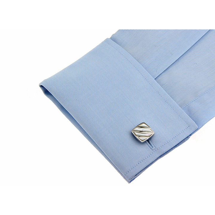 Silver Repp Stripe Cufflinks Mother of Pearl Square Formal Cufflinks Cuff Links Image 4