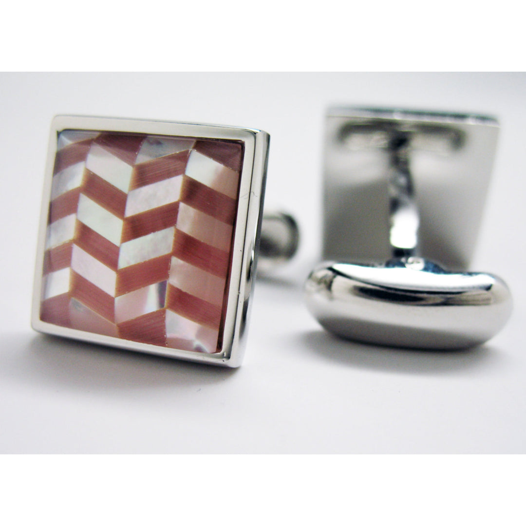 Orange Pearl Cufflinks Mother of Pearl Orange Stripe Silver Toned Cuff Links Image 2