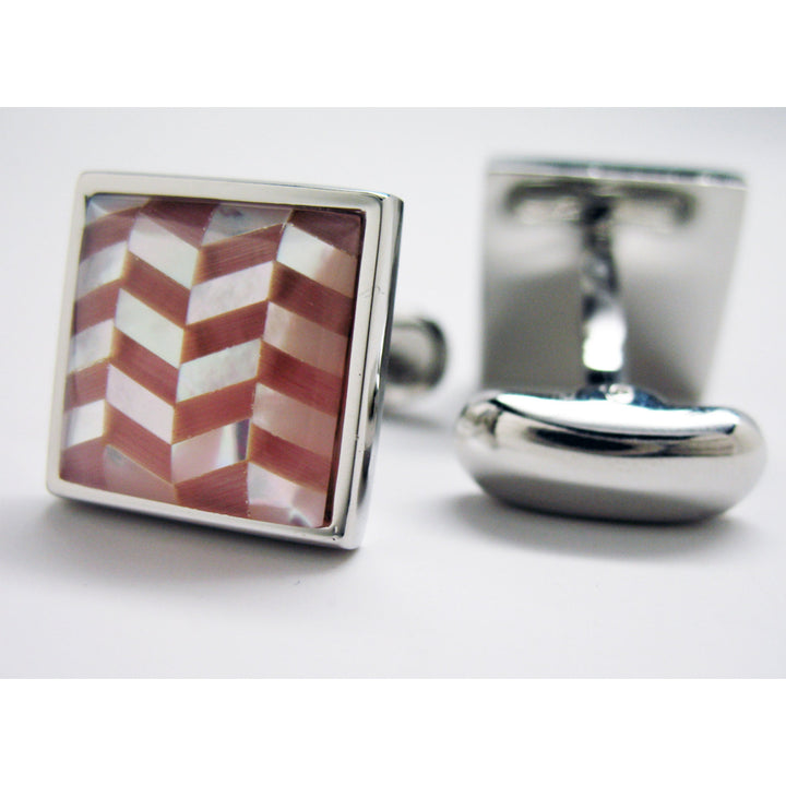 Orange Pearl Cufflinks Mother of Pearl Orange Stripe Silver Toned Cuff Links Image 2