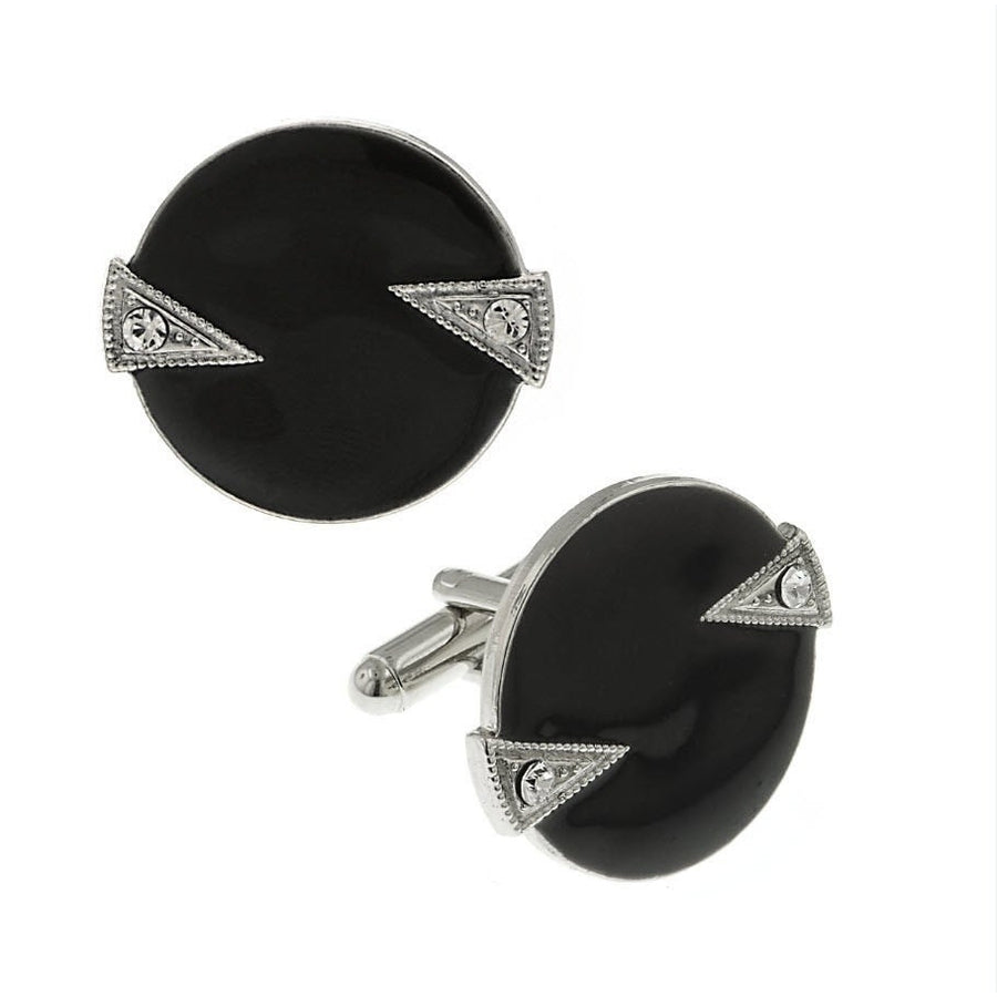 Whistler Cufflinks Round Silver Tone Crystal Black Enamel Round Cuff Links Image 1