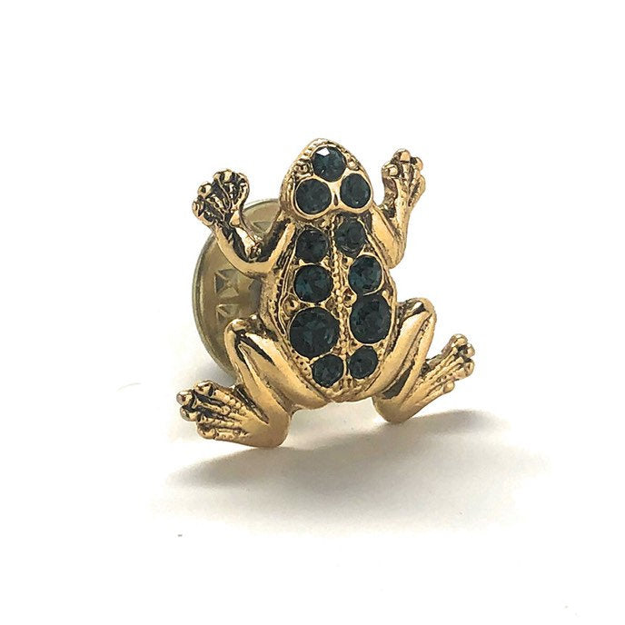 Jumping Frog Lapel Pin Gold Tone Blue Crystal Enamel Pin Image 2