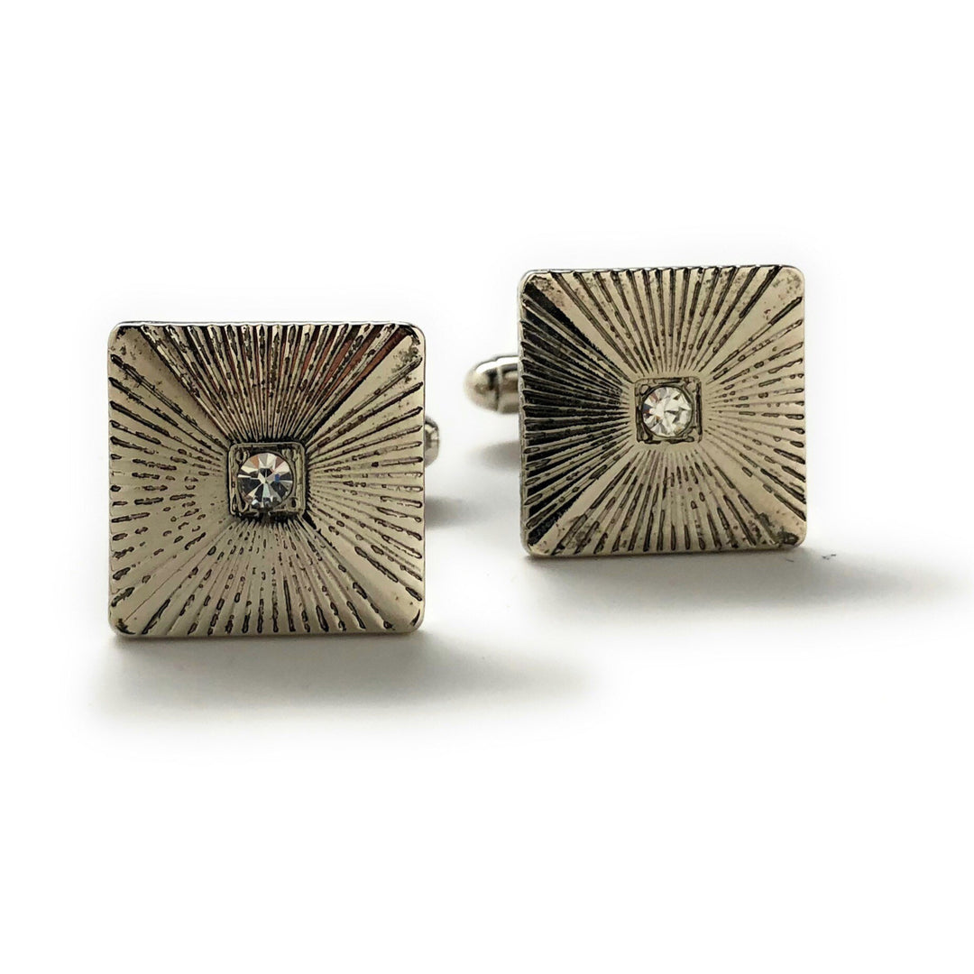 Pleated Square Cufflinks Silver Tone Center Crystal Cuff Links Image 4