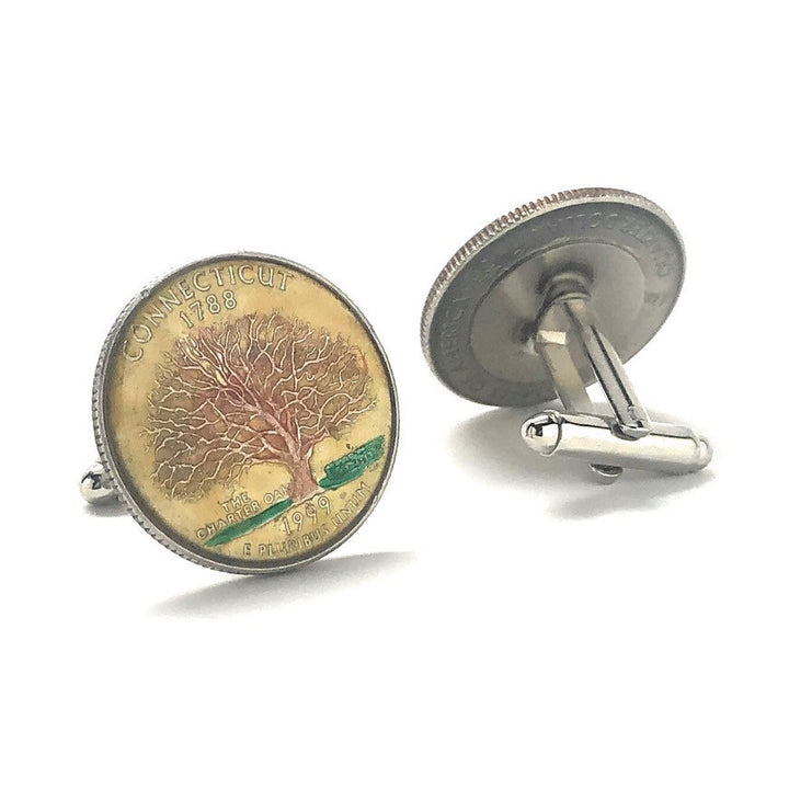 Enamel Cufflinks Hand Painted Connecticut State Quarter Tree Enamel Coin Jewelry Money Yellow Finance Accountant Cuff Image 4