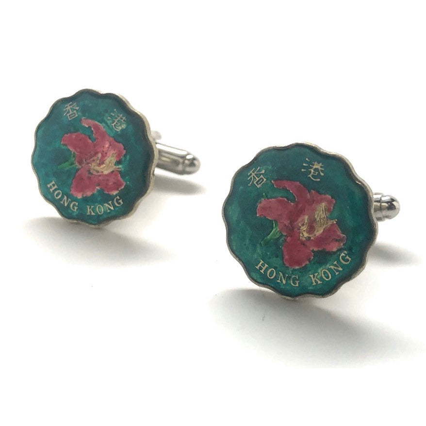 Enamel Cufflinks Hand Painted China Coin Green Flower Hong Kong Nature Asia Enamel Coin Jewelry Cuff Links Keepsake Very Image 4