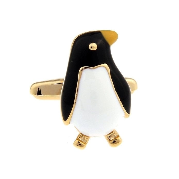 Penguin Cufflinks Gold Black White Penguin Yellow Nose Antarctic Standing Penguin Cuff Links Image 1