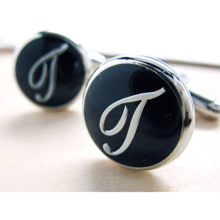 T Initials Cufflinks Silver Toned Round Black Enamel Script Letters Classic Wedding Cuff Links Groom Father Bride Box Image 1