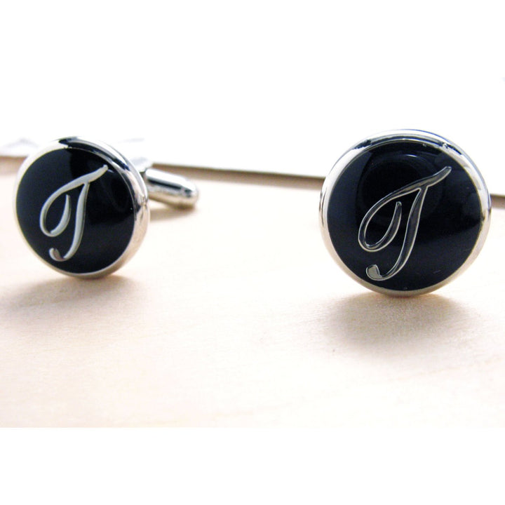 T Initials Cufflinks Silver Toned Round Black Enamel Script Letters Classic Wedding Cuff Links Groom Father Bride Box Image 2