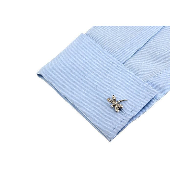 Crystal Dragonfly Cufflinks Silver Toned Beautiful FLying Dragonfly Bug Cuff Links Image 3