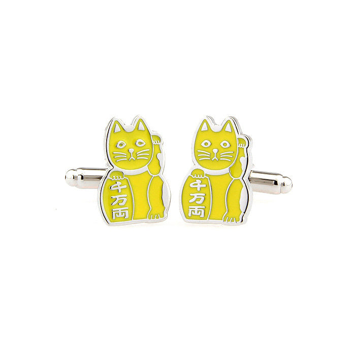 Yellow Maneki-neko Japanese Lucky Cat Bring Pure Good Luck to Owner Cufflinks Image 2