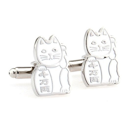 White Maneki-neko Japanese Lucky Cat Bring Pure Good Luck to Owner Cufflinks Image 2